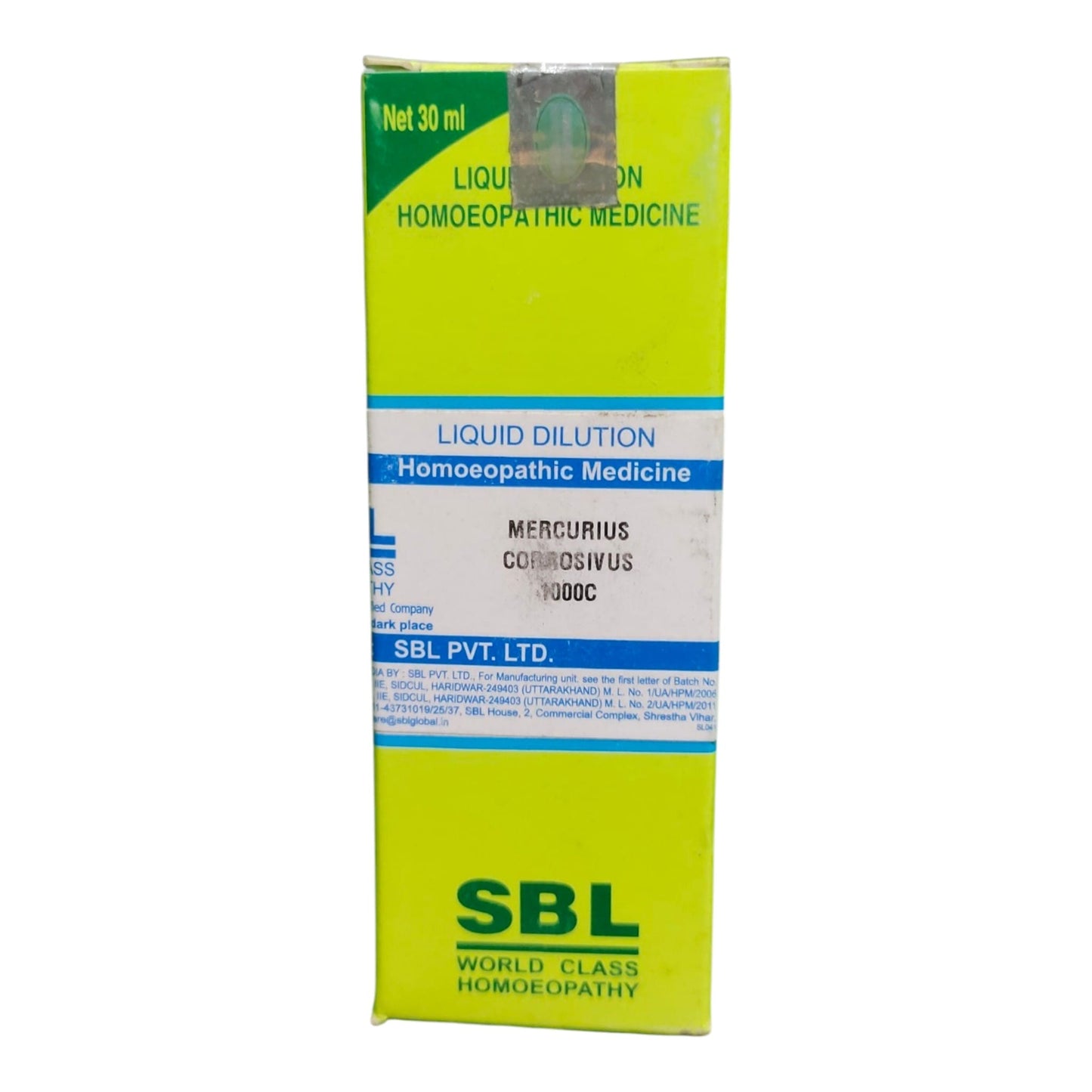 A 30 ml box of SBL World Class Homoeopathy Liquid Dilution Homoeopathic Medicine, Mercurius Corrosivus 1000C, featuring a bright lime green and white design with blue accents.
