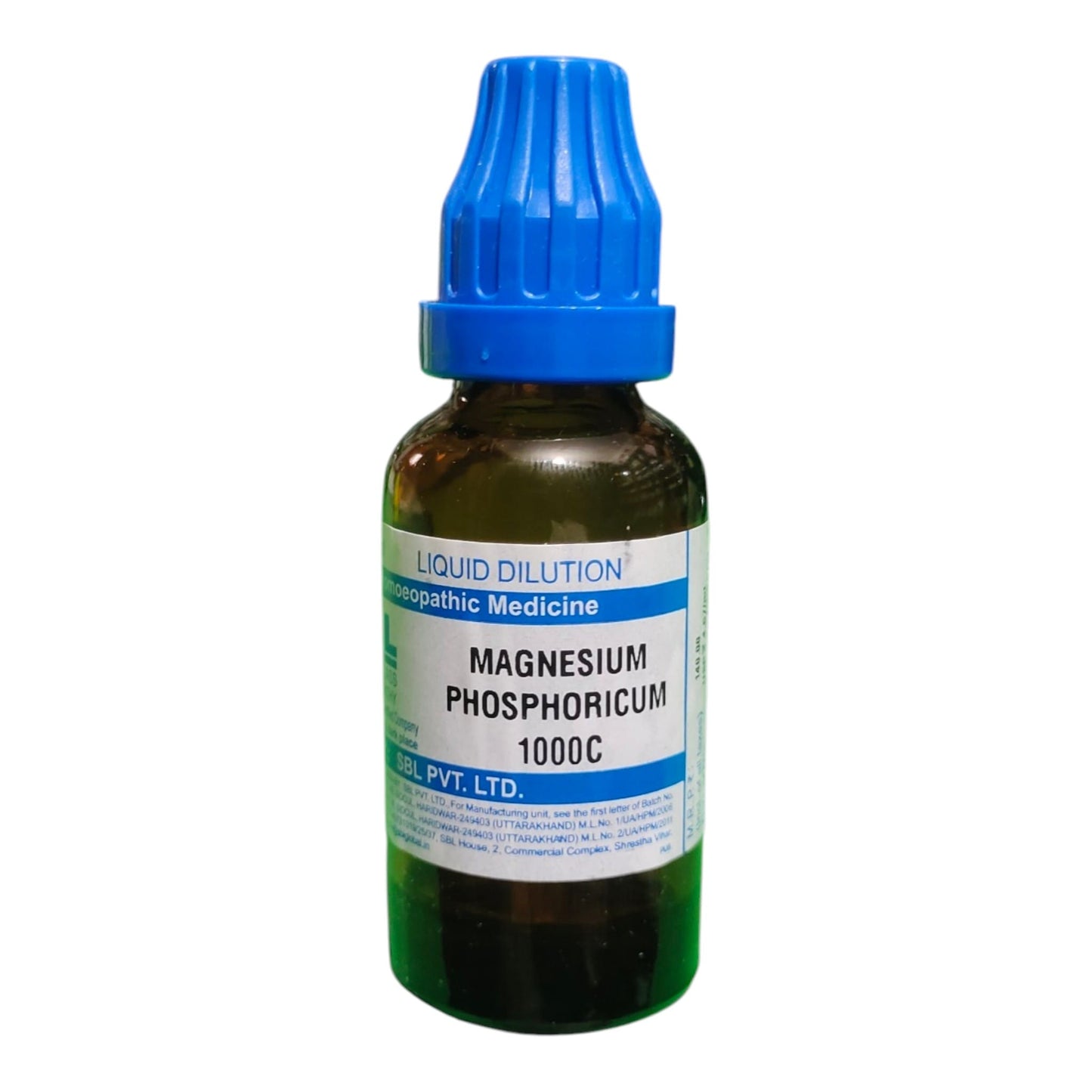 A dark amber glass dropper bottle of Liquid Dilution Magnesium Phosphoricum 1000C with a blue ribbed cap, on a white background.