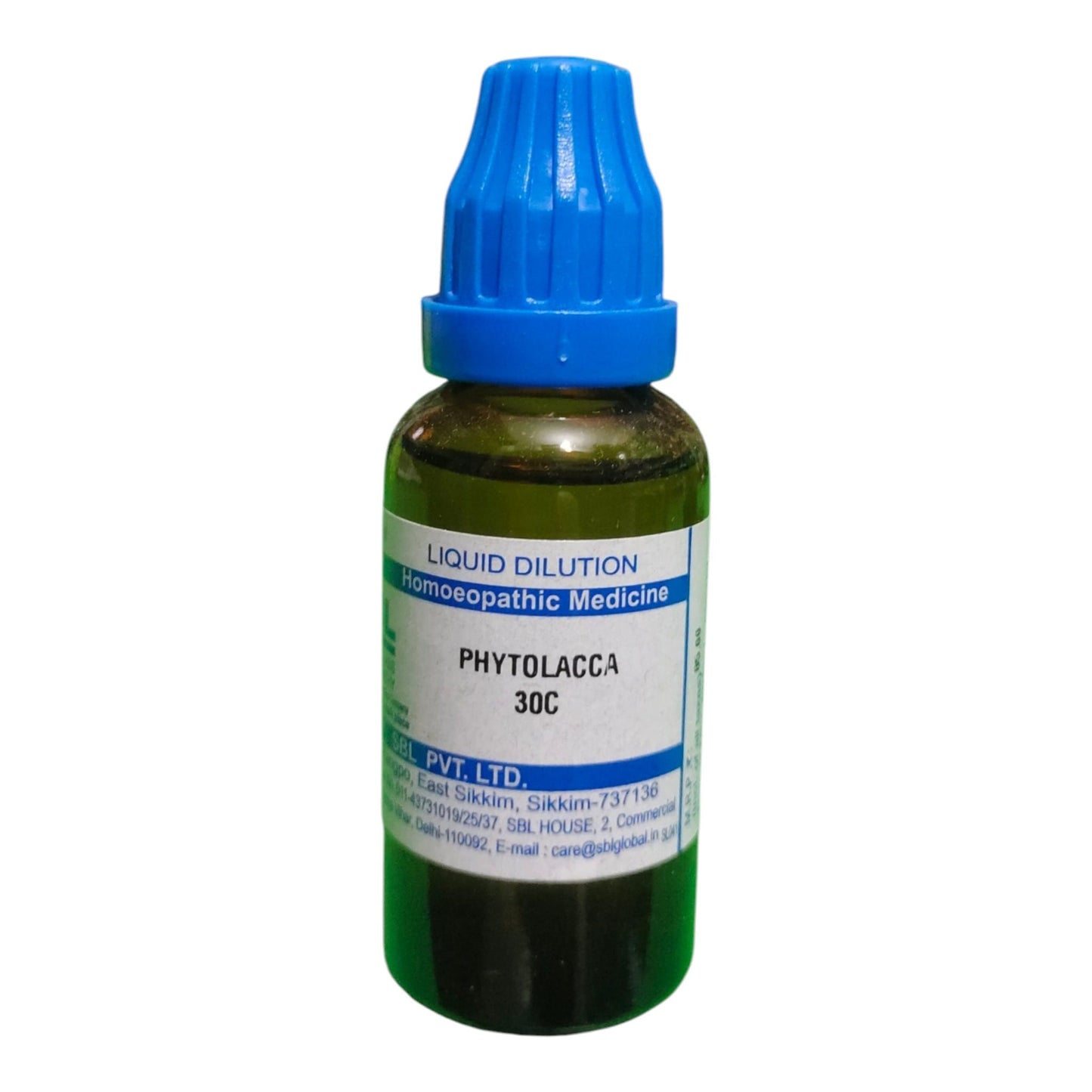 A small amber glass dropper bottle of phytolacca 30C liquid dilution homeopathic medicine with a blue cap and white label, shown on a plain white background.