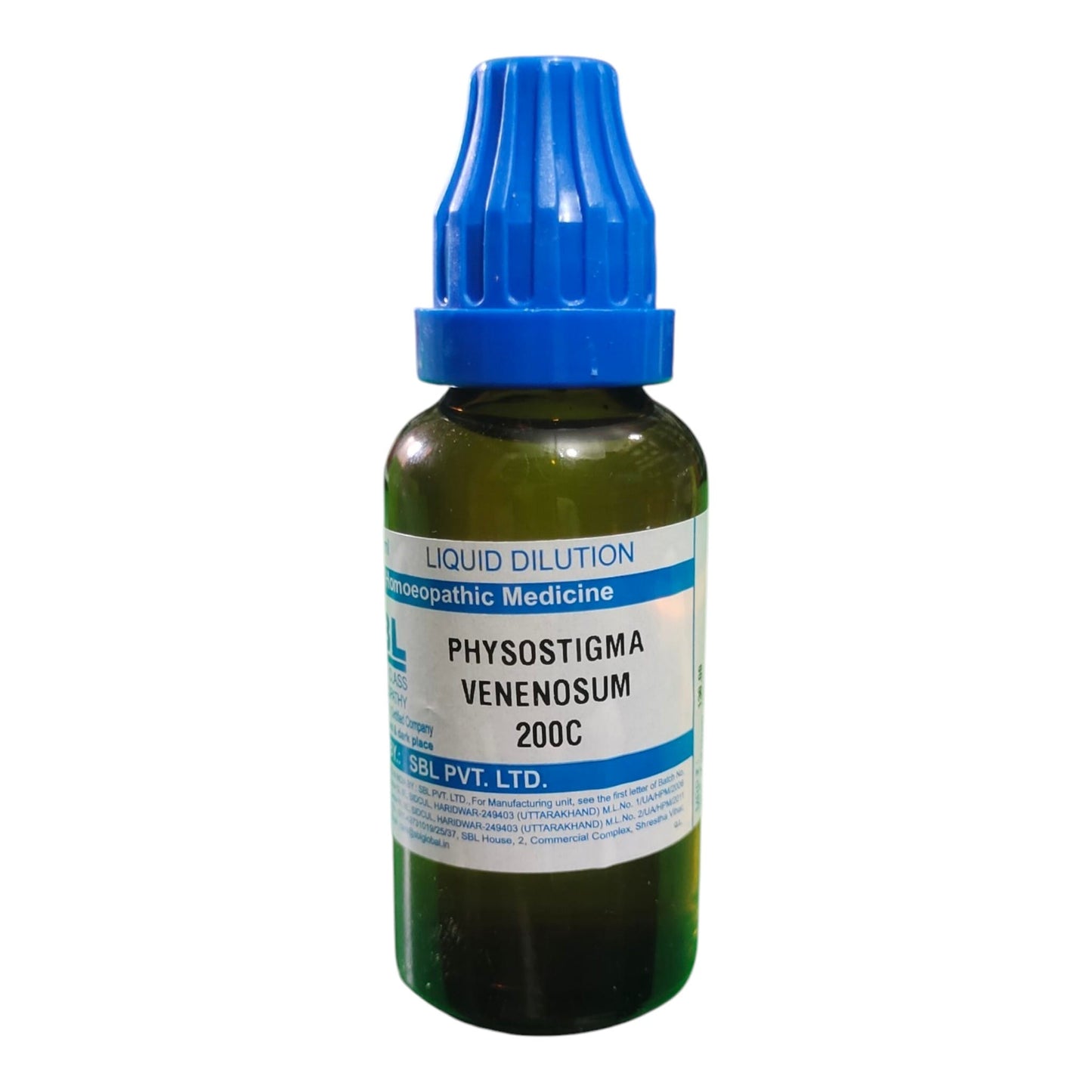 A small glass dropper bottle of Physostigma Venenosum 200C liquid dilution tincture, featuring a blue ribbed cap and a white label with blue text, set against a plain white background.