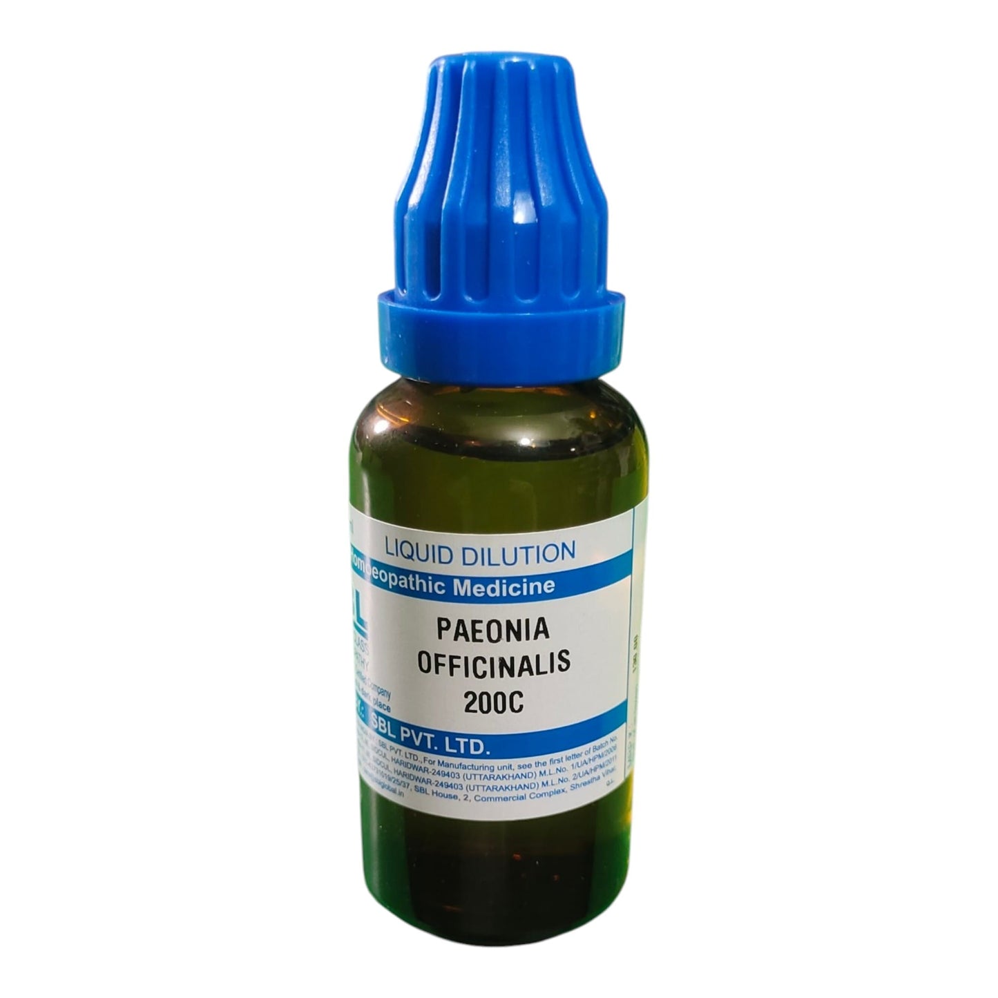 A small amber glass dropper bottle of Paonia Officinalis 200C liquid dilution tincture by SPVPT. LTD.