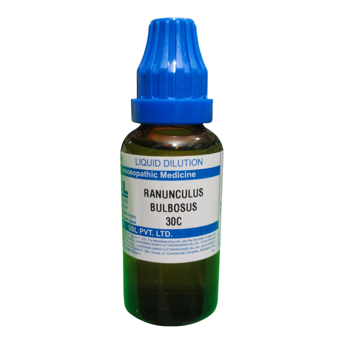 A small amber glass dropper bottle of Ranunculus Bulbosus 30C liquid dilution tincture with a blue cap and white label, shown on a plain white background.
