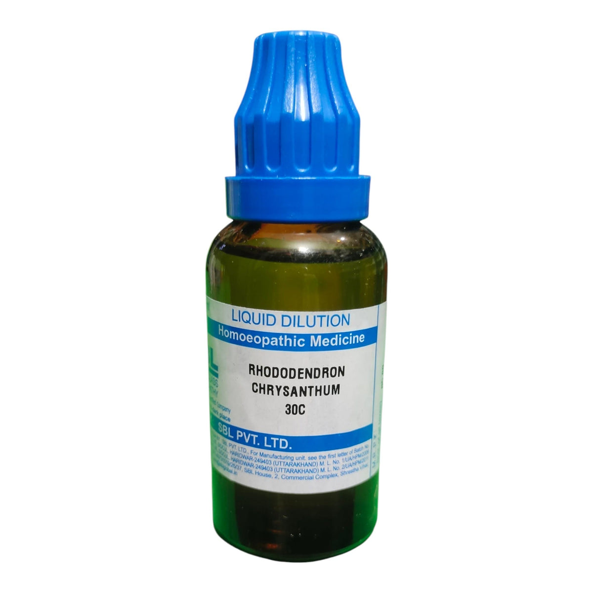 A 30C dropper bottle of Rhododendron Chrysanthum Liquid Dilution homeopathic medicine by Gel Pvt. Ltd.