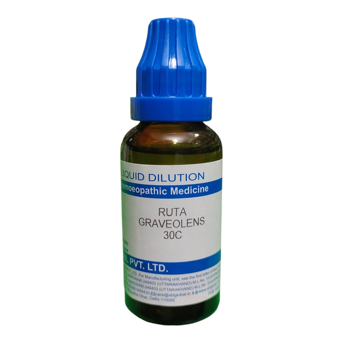 A small amber glass dropper bottle of Ruta Graveolens 30C liquid dilution ointment, featuring a blue ribbed cap and a white label with blue text.