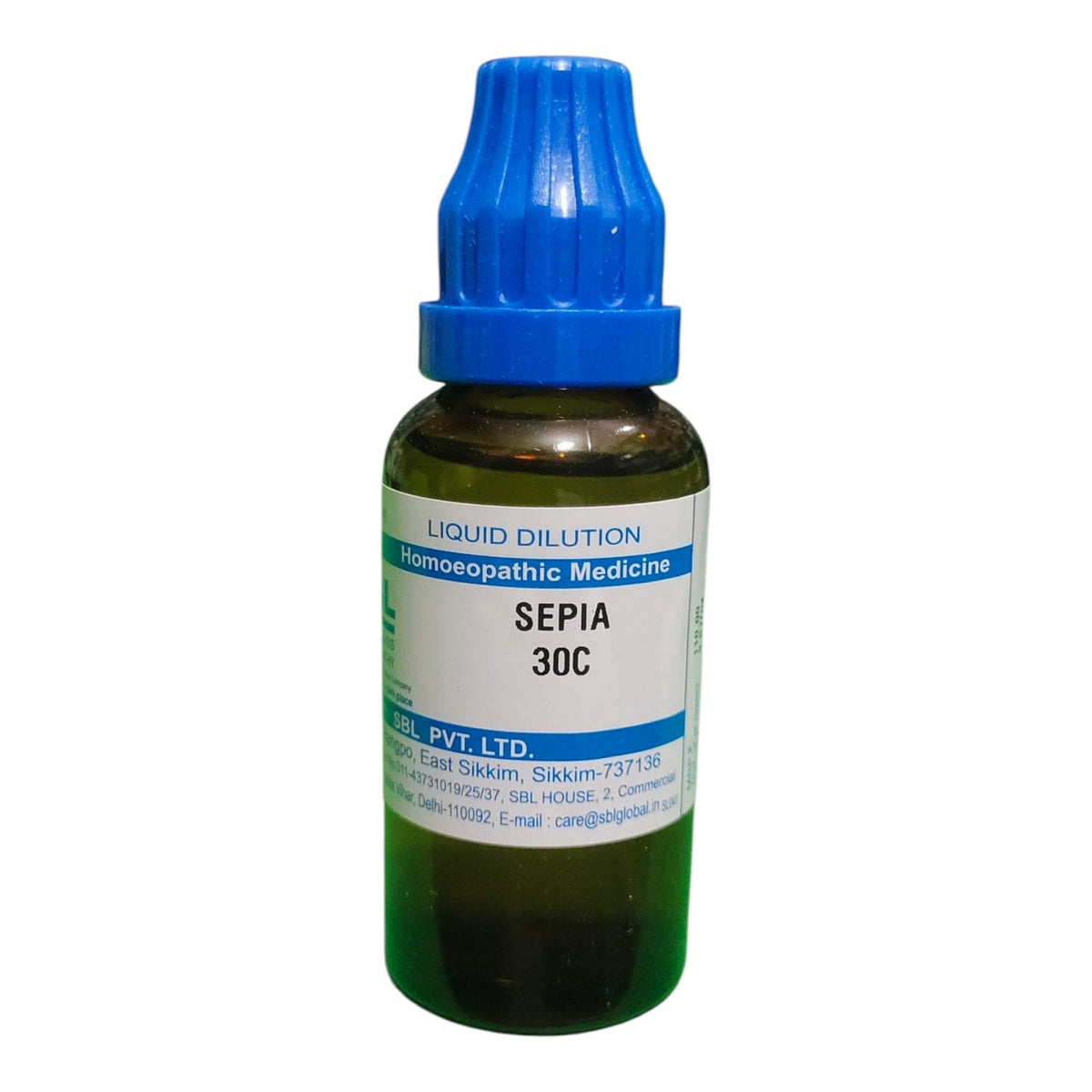 A small amber glass bottle of Sepia 30C liquid dilution homeopathic medicine with a blue dropper cap, shown on a plain white background.