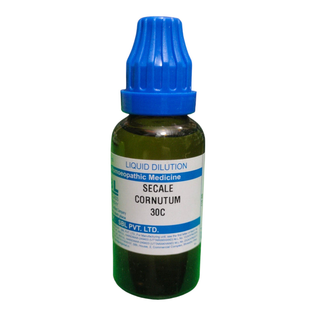 A small dark green glass bottle of liquid dilutionopathic medicine, labeled 'SECALE CORNUTUM 30C' by SPJL PVT. LTD.