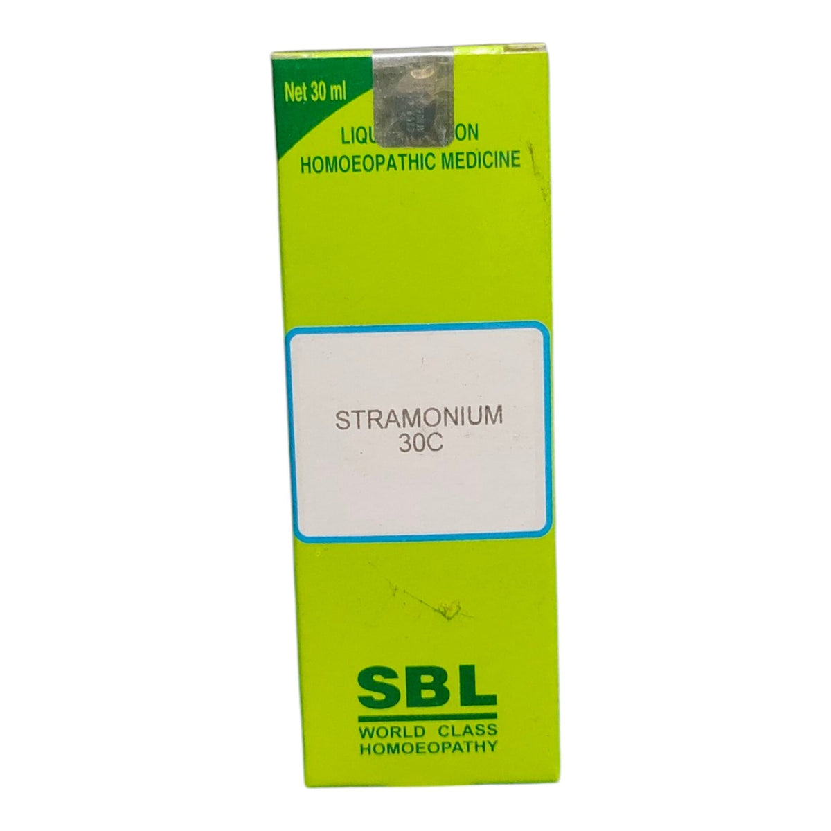 A bright lime green box of SBL Stramonium 30C homeopathic medicine, featuring a white label in the center and green text.