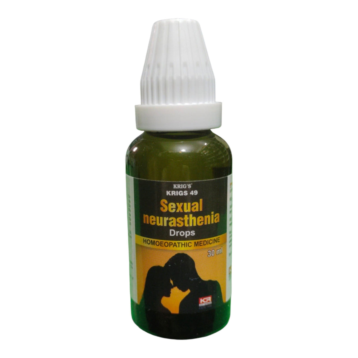 A 30 ml bottle of Kridso's Sexual Neurasthenia Drops, a homeopathic medicine, featuring an olive green bottle, white cap, and a black and yellow label.