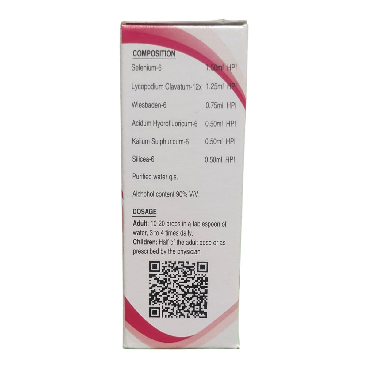 The back of a white medicine box showing composition and dosage text, with pink curved accents and a QR code on a white background.