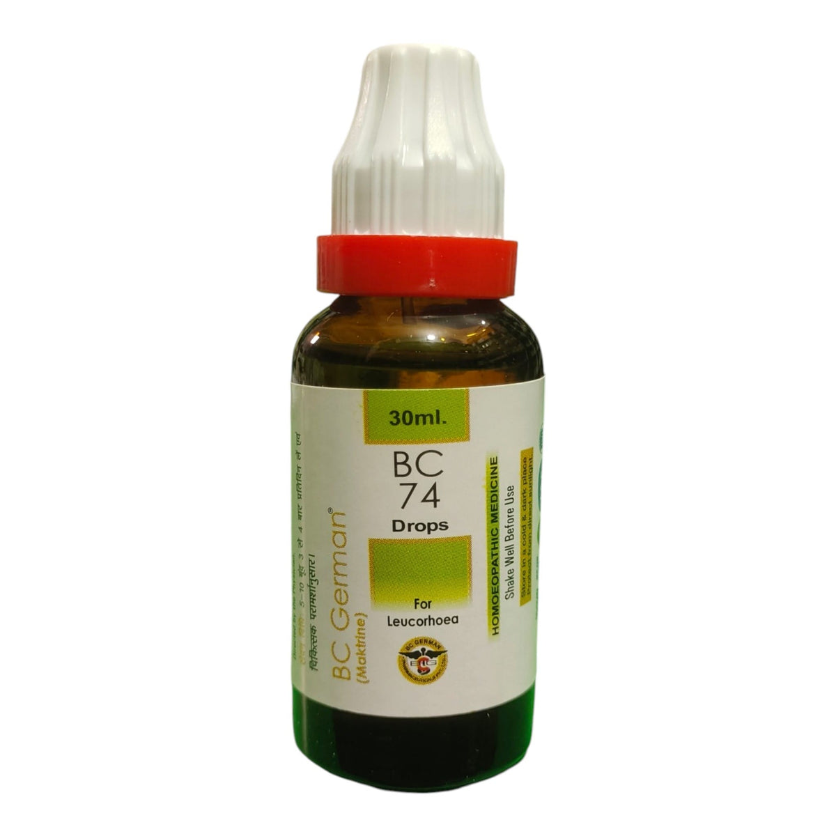 A 30ml bottle of BC 74 Drops for Leucaneoh, featuring an amber glass bottle, a red collar, and a white dropper cap with a white label.