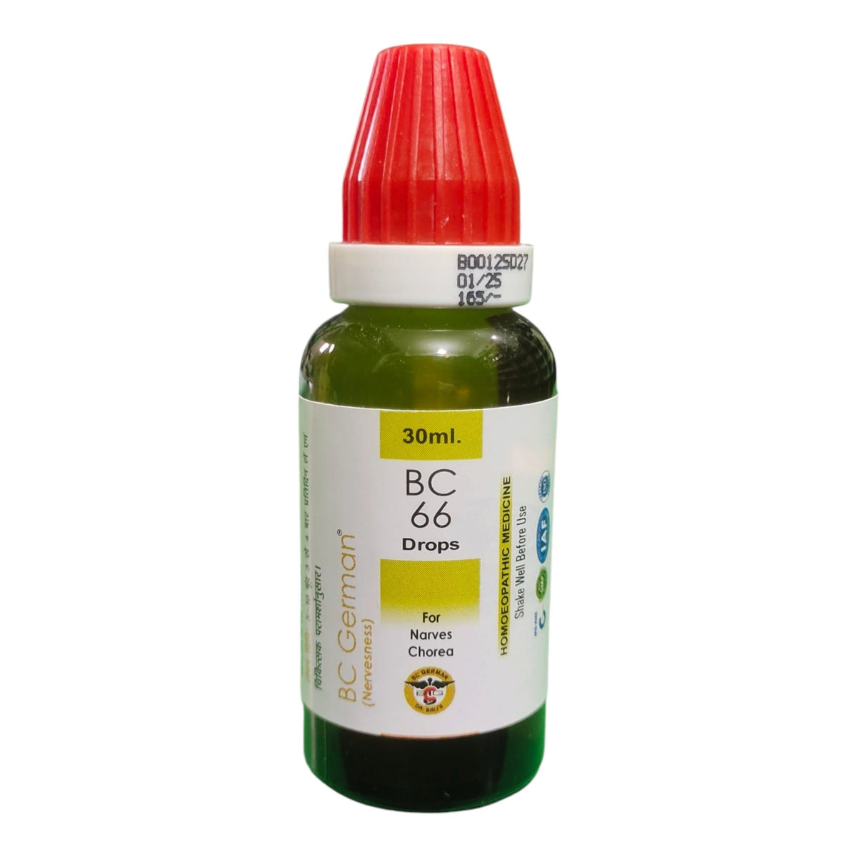 A 30ml bottle of BC 66 Drops for horses, featuring a translucent green glass bottle, a white label with yellow accents, and a red ribbed plastic dropper cap, shown on a plain white background.