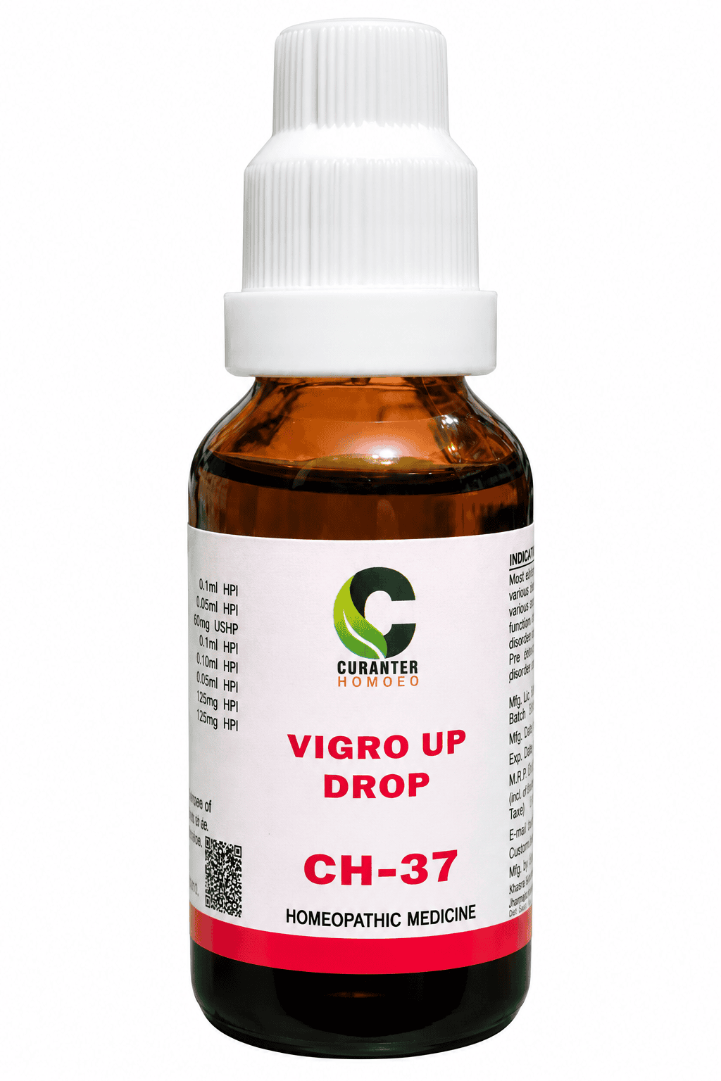 An amber glass dropper bottle of Curanter Homoeo Vigro Up Drop CH-37 homeopathic medicine, featuring a white cap and a white label with red and green text.