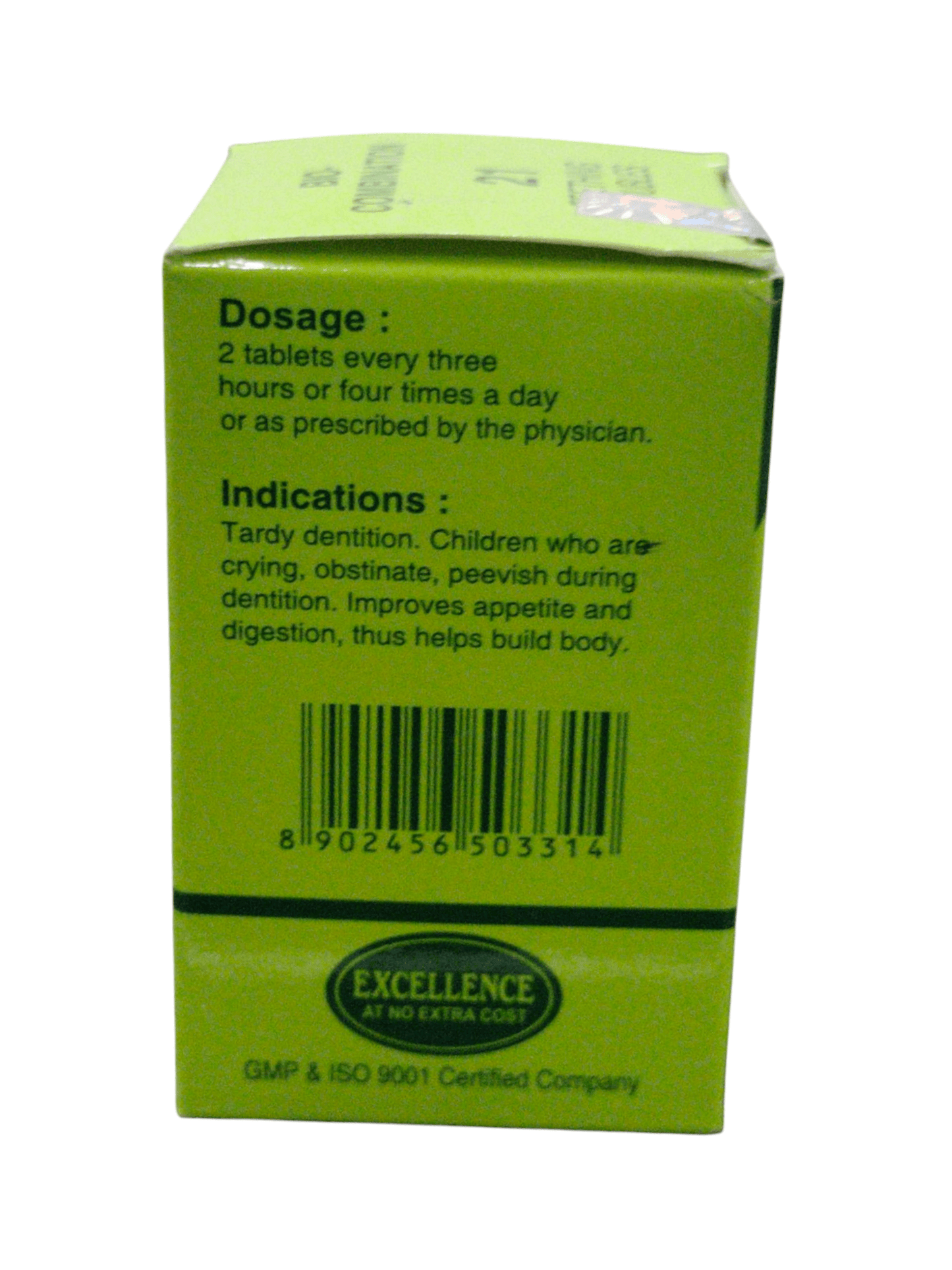 Back view of SBL Bio Combination 21 homeopathic medicine packaging detailing dosage and indications for teething troubles.