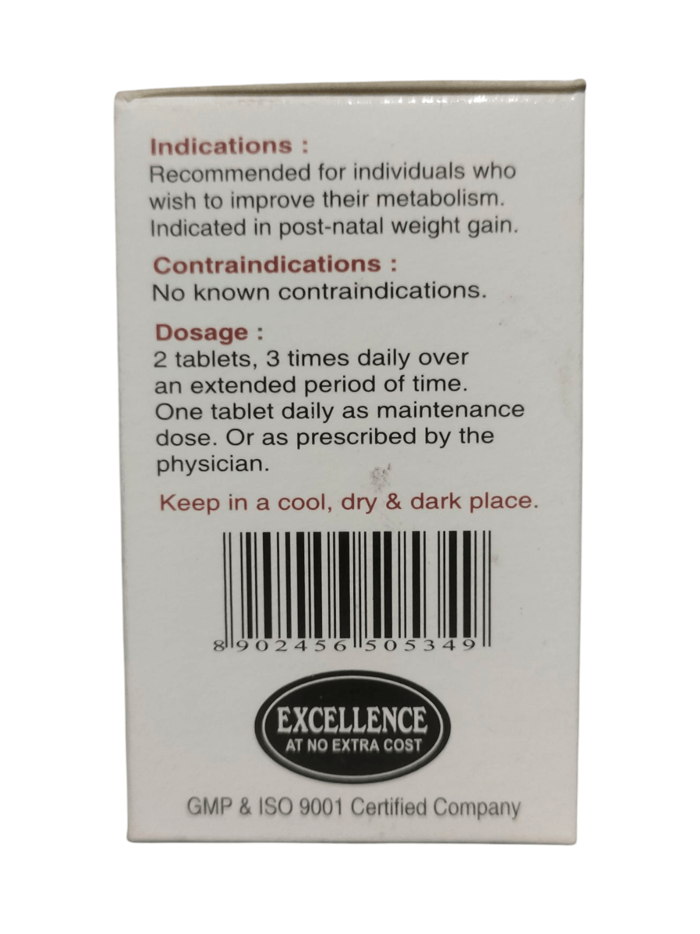 Back of a medication box with text and a barcode on a white background