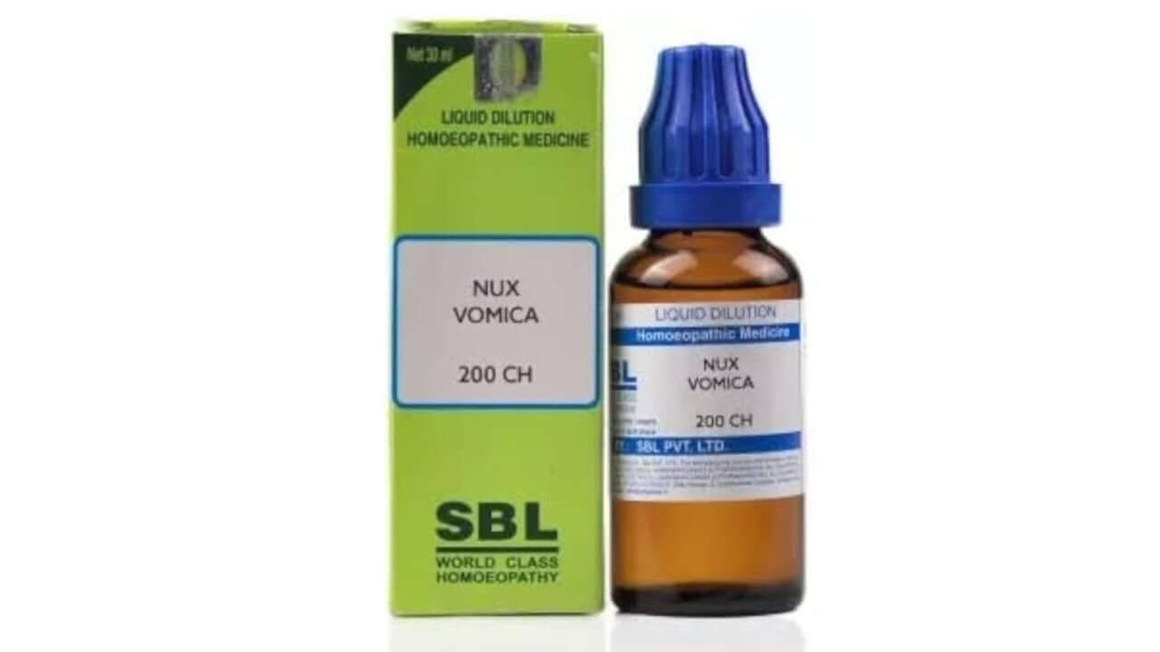 SBL Nux Vomica homeopathic medicine bottle and box on a white background