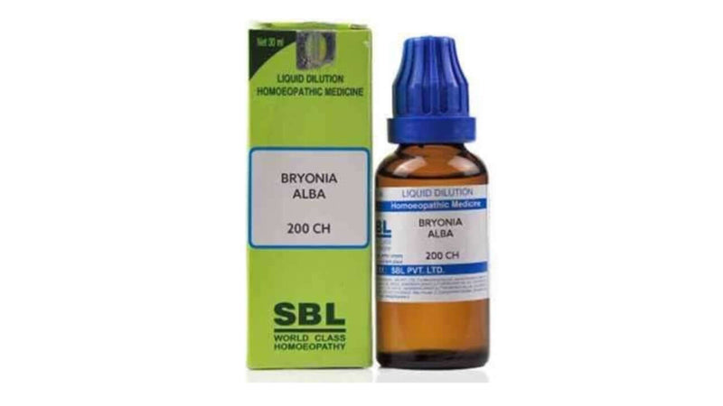 Bryonia Alba 200 CH homeopathic medicine bottle with blue cap and green box packaging.