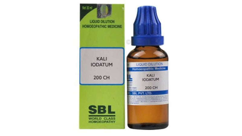 Homeopathic medicine Kali Iodatum 200 CH in a bottle with green and blue packaging.