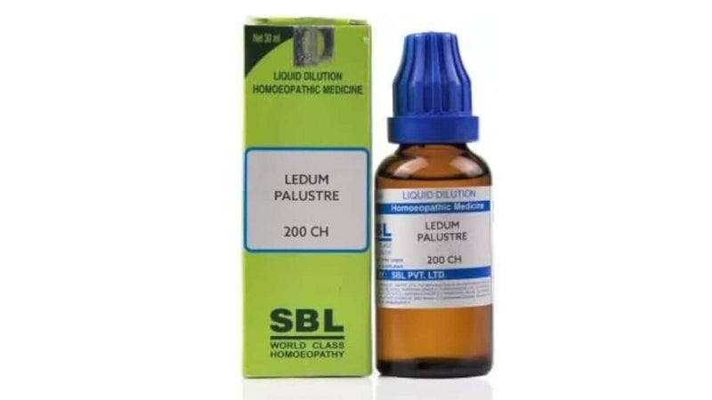 SBL Ledum Palustre homeopathic medicine bottle 200 CH for treating joint inflammation.