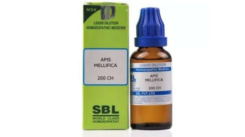 Homeopathic medicine Apis Mellifica 200 CH in a brown vial with green packaging for synovitis relief.