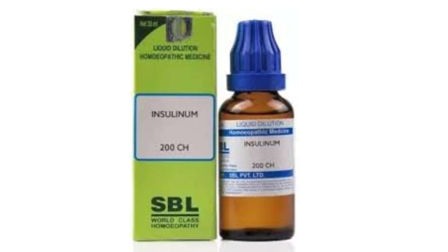 Homeopathic insulin remedy for diabetes, labeled Insulinum 200 CH, in a brown glass bottle with green packaging.
