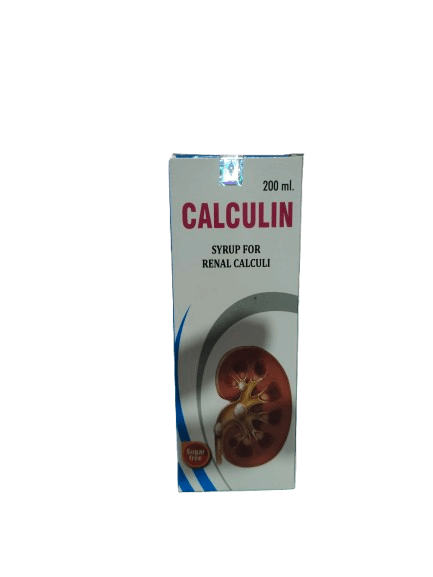 Box of Calculin syrup for renal calculi on a white background