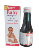 A bottle of Baby Plumpy Syrup children's tonic homeopathic medicine next to its packaging box. The box features an image of a baby and the text indicates the product is formulated to support various aspects of infant health.