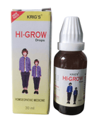 Homeopathic medicine packaging and bottle for 'KRIGS HI-GROW DROPS', with branding and measurement indication of 30 ml.