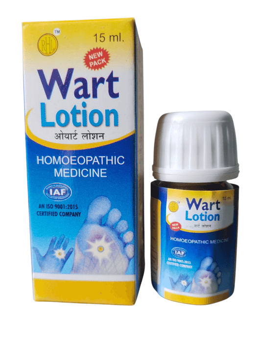 Homeopathic wart lotion product packaging and bottle, labeled as 'Wart Lotion' for treating corn and warts.
