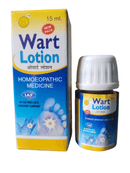 Homeopathic wart lotion product packaging and bottle, labeled as 'Wart Lotion' for treating corn and warts.