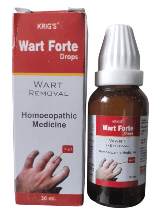 The image shows a bottle and box of Wart Forte Drops, a homeopathic medicine designed for wart removal. The bottle is brown with a white label, and the box has red and white text.