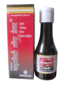 A bottle of Similia Vitality of Hair oil next to its packaging box. The bottle is dark glass with a white cap, and the box is red with white text.