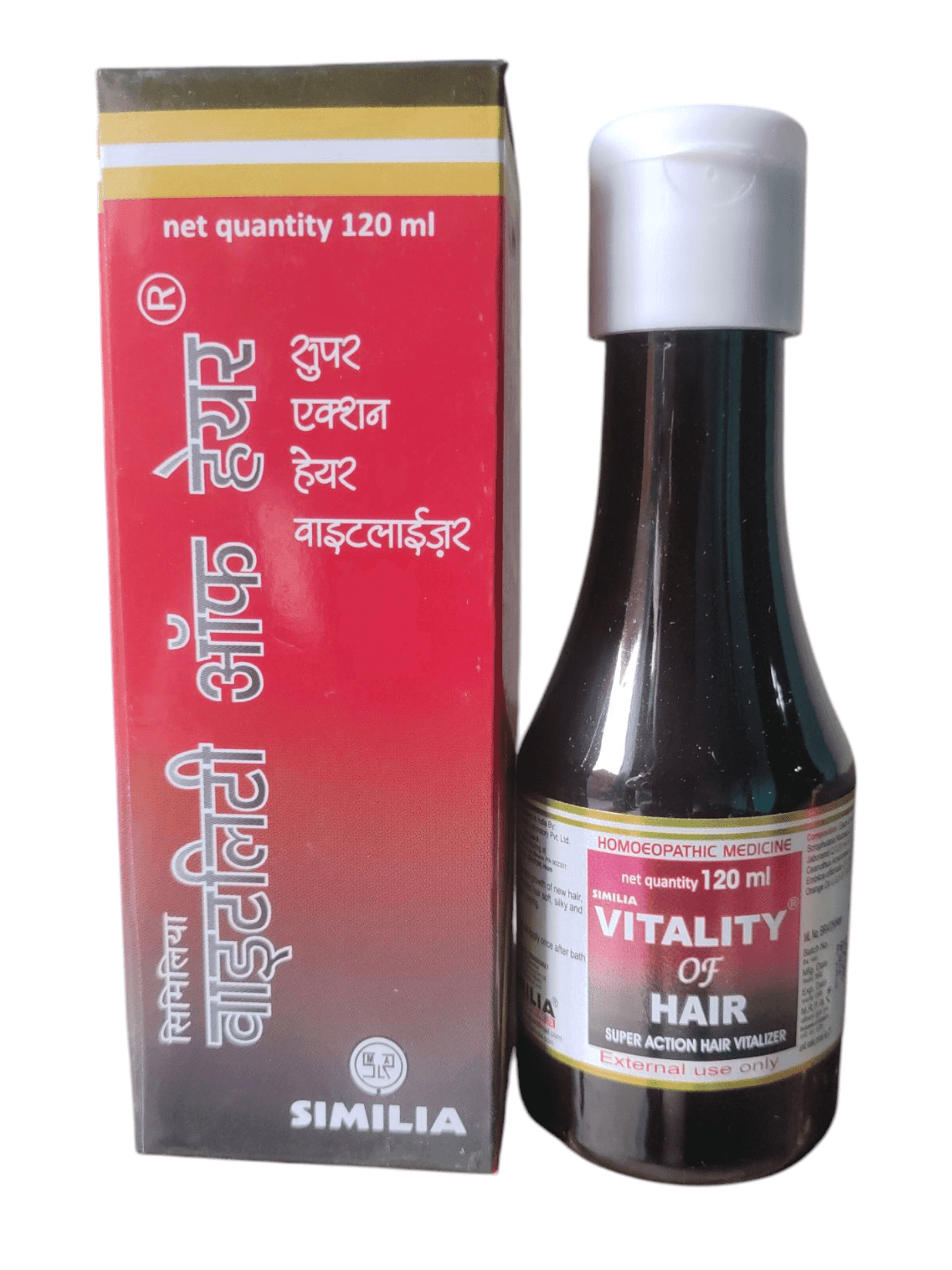 Bottle and packaging of Similia Vitality of Hair product on a white background