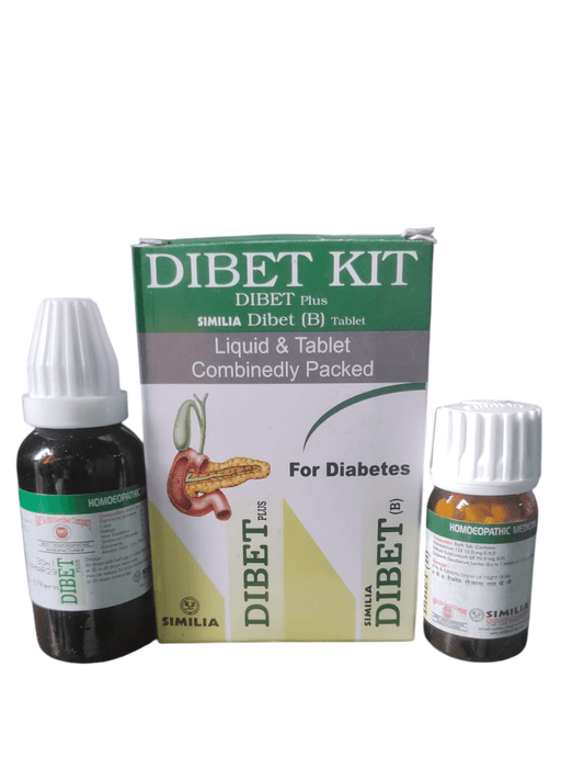 A homeopathic diabetes management product by Similia, including a DIBET Kit box, a bottle labeled 'DIBET for Diabetes', and a vial marked 'DIBET Plus'. The product is designed to support blood sugar control with natural ingredients.