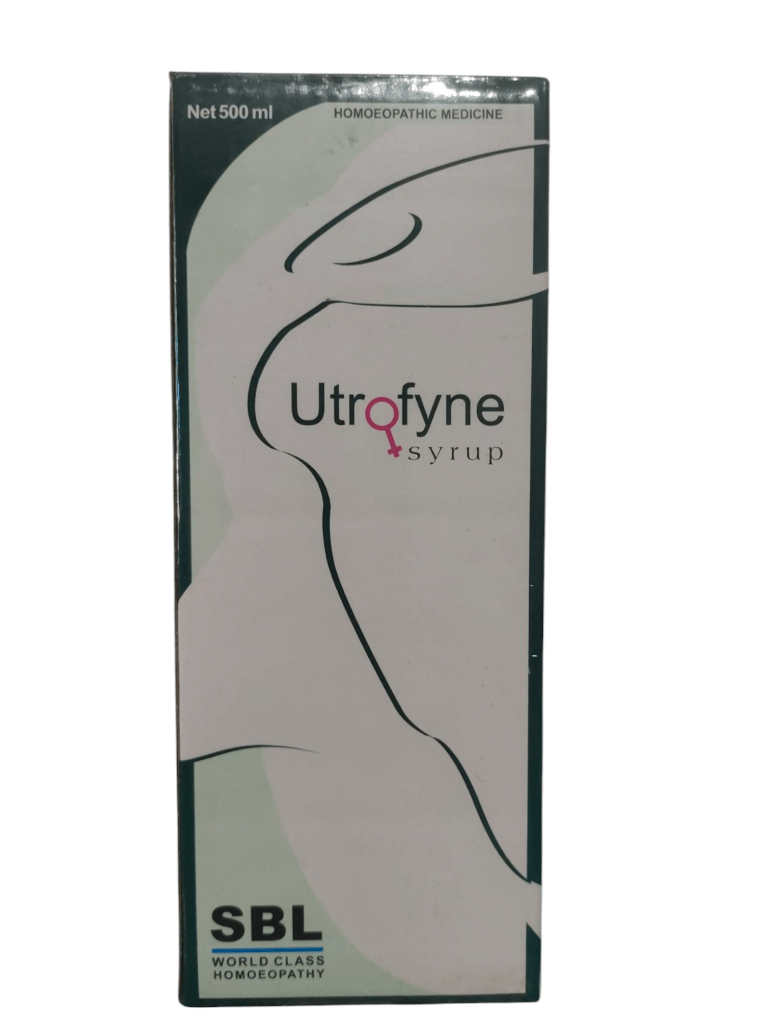 Packaging of Utrofyne Syrup homeopathic medicine, 500ml.