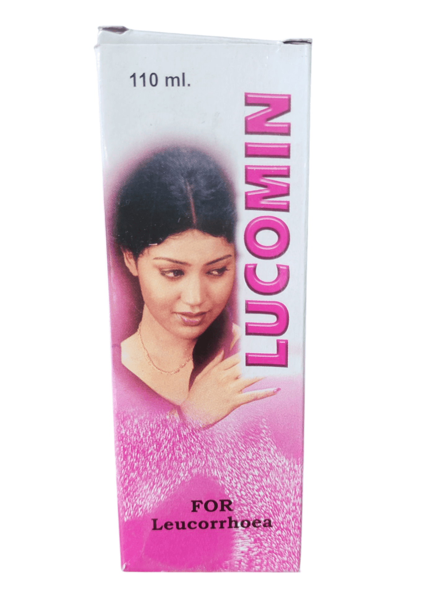 Box of Lucomin for Leucorrhoea with a woman's face on a white background