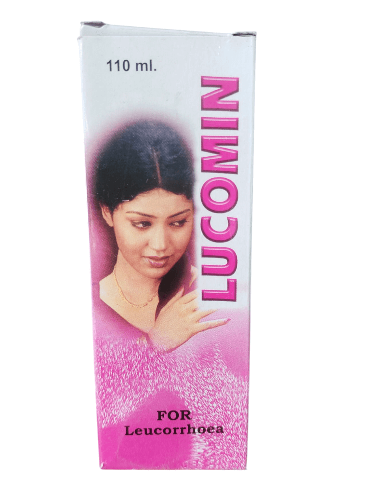 Box of Lucomin for Leucorrhoea with a woman's face on a white background