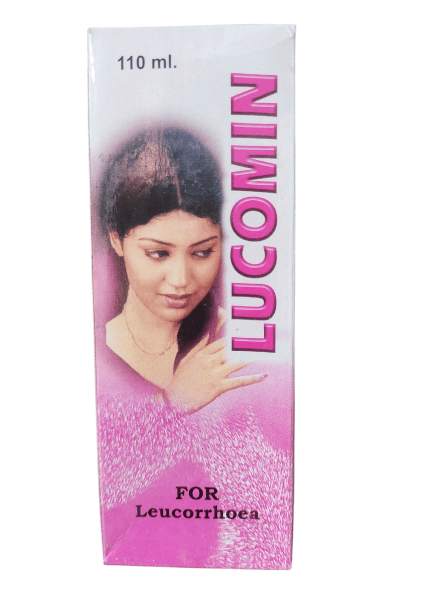 Box of Lucomin for Leucorrhoea with a woman's face on a white background