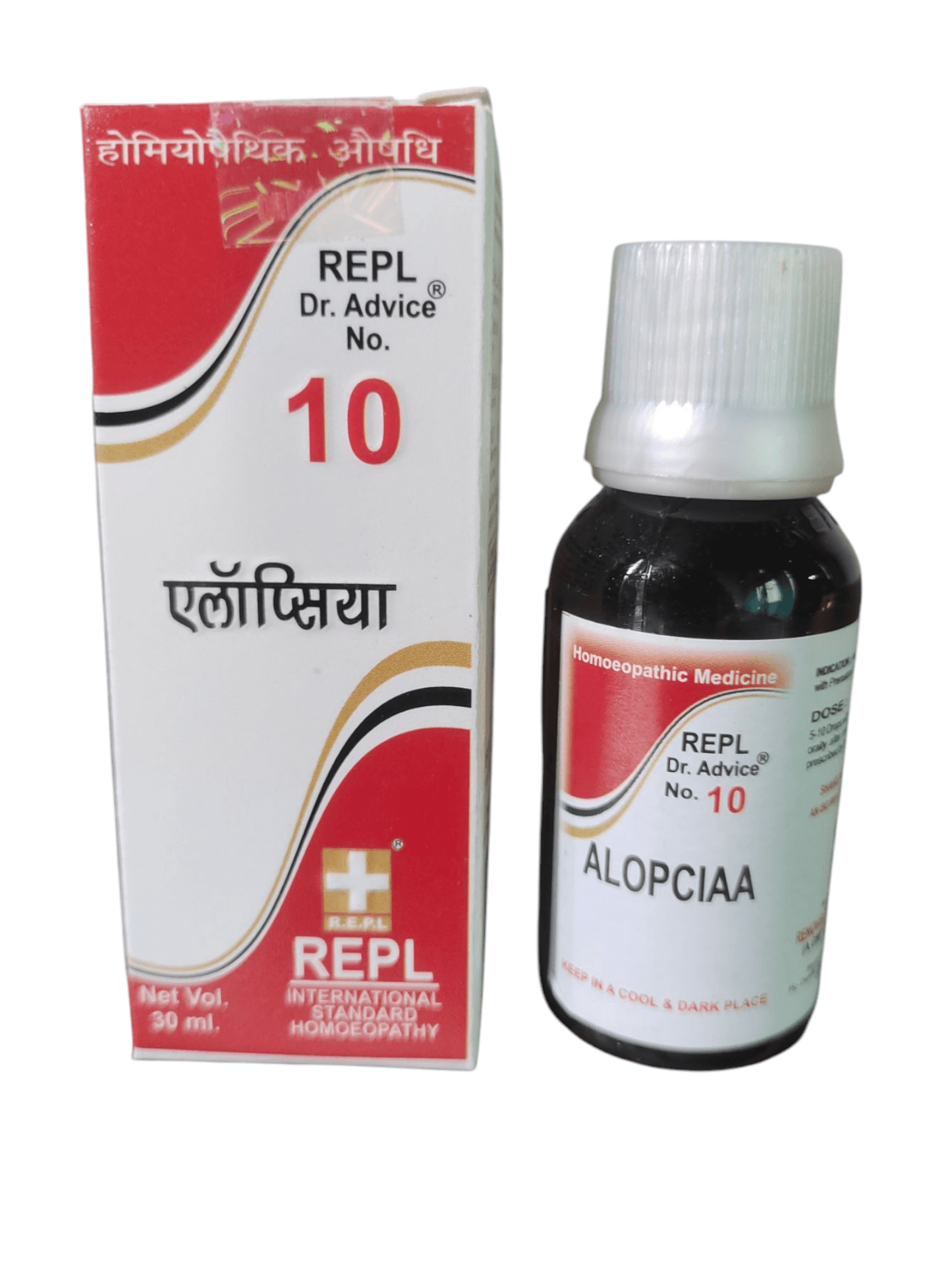 Bottle and box of Alopciaia medicine with REPL branding on a white background