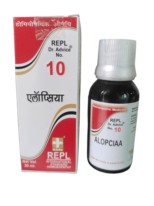 Bottle and box of Alopciaia medicine with REPL branding on a white background