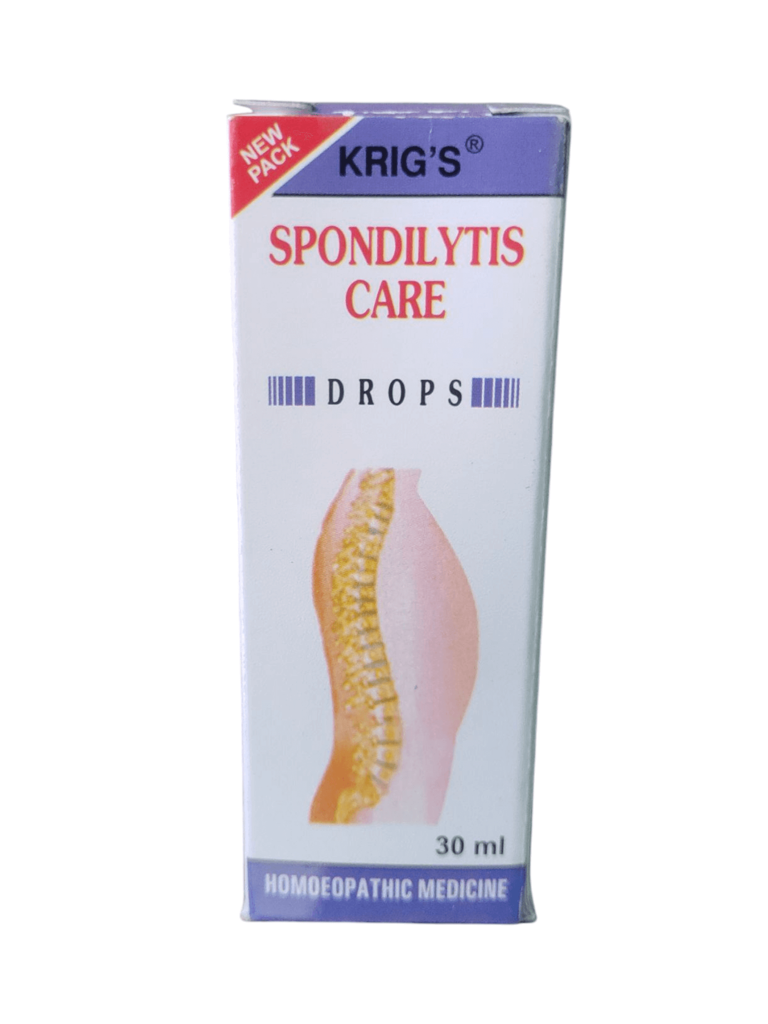 Krig's Spondylitis Care Drops packaging on a white background