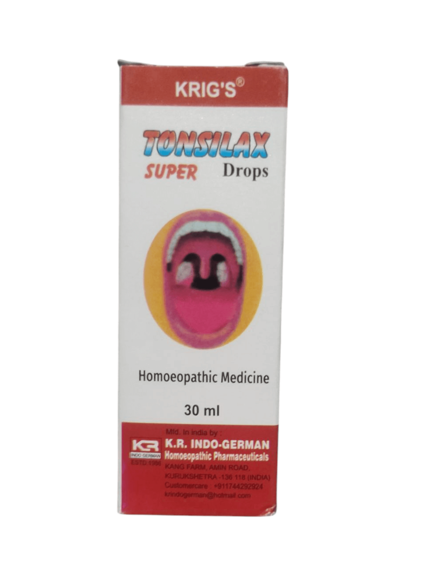 Box of Krig's Tomsilax Super Drops homoeopathic medicine on a white background