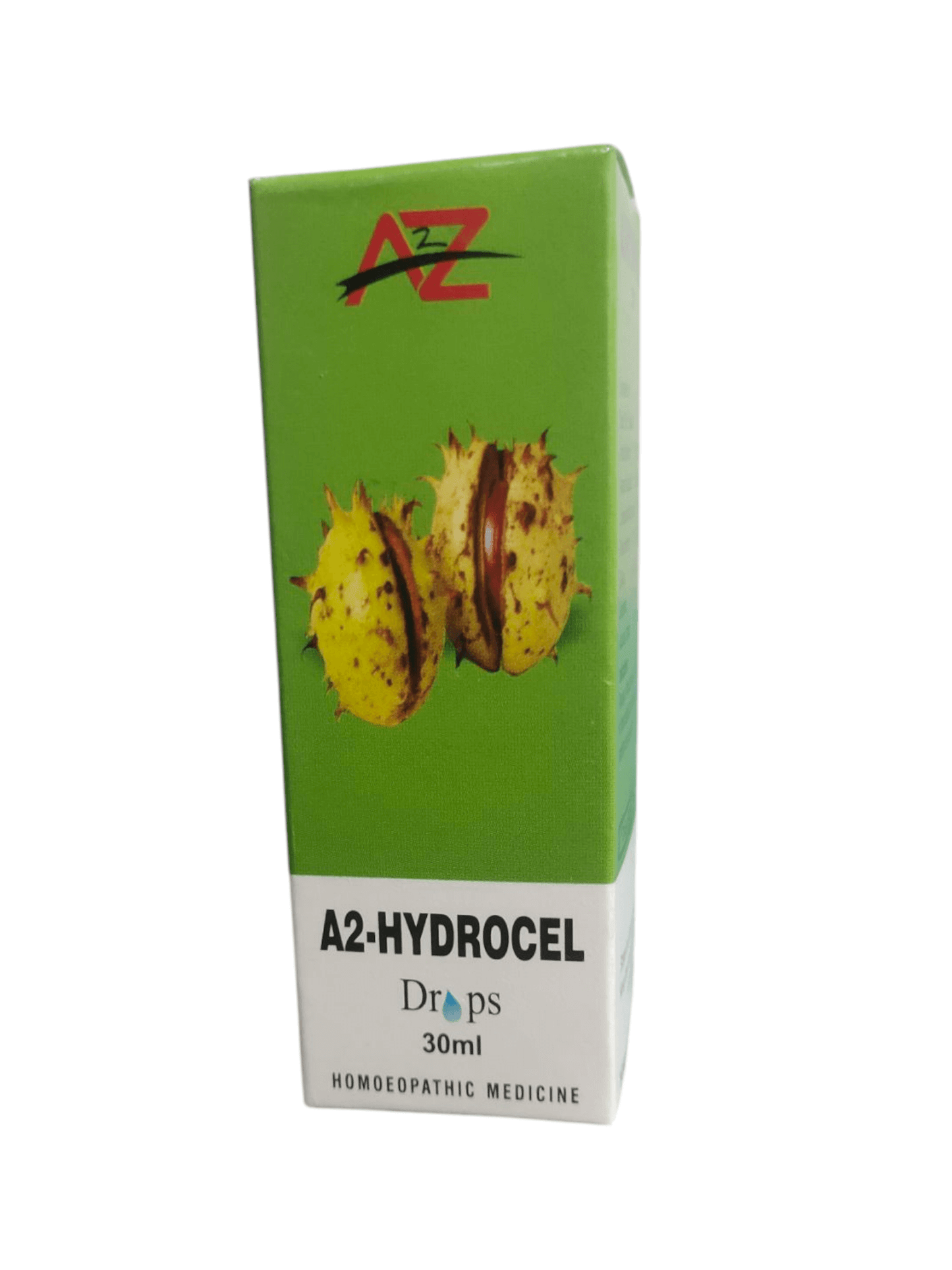 Box of A2-Hydrocel Drops with a green background and AZ logo.