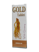 Box of Gold Tablet with Ginseng featuring an image of ginseng root on a white background.