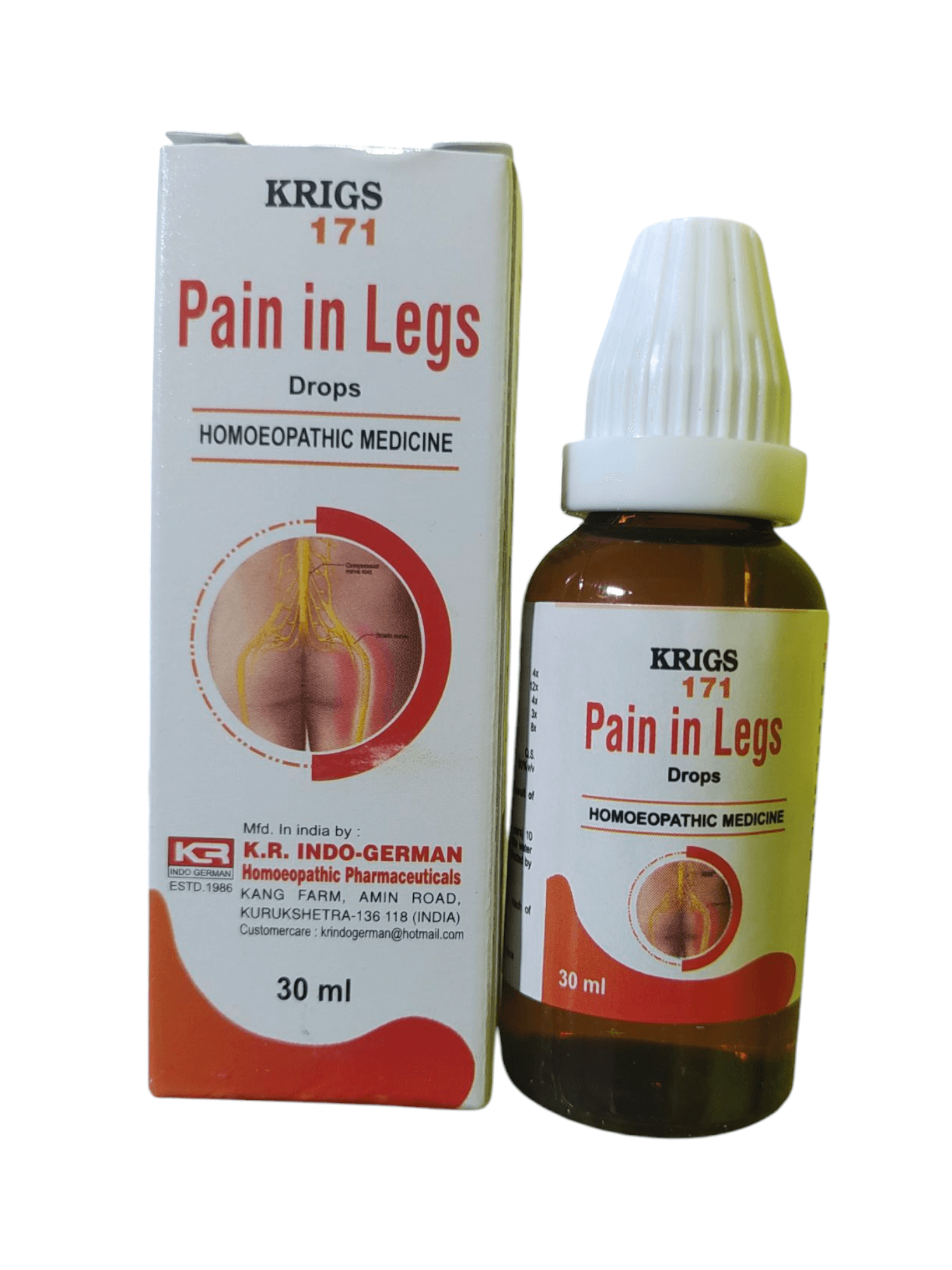 Krigs 171 Pain in Legs Drops packaging and bottle on a white background