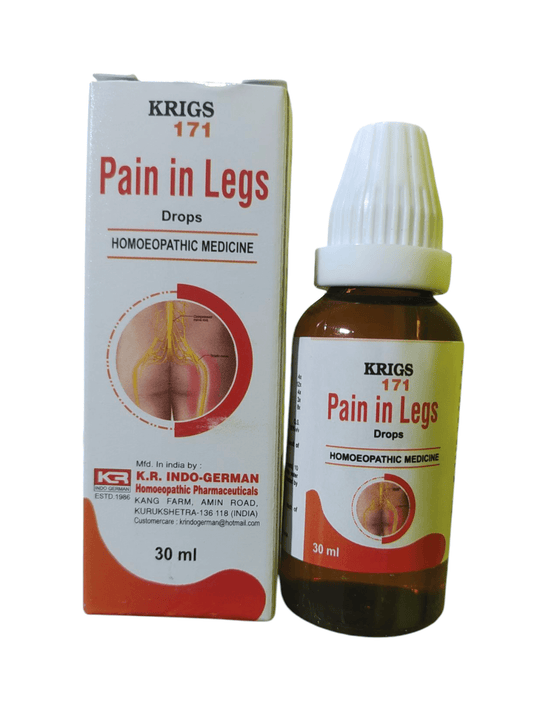 Krigs 171 Pain in Legs Drops packaging and bottle on a white background