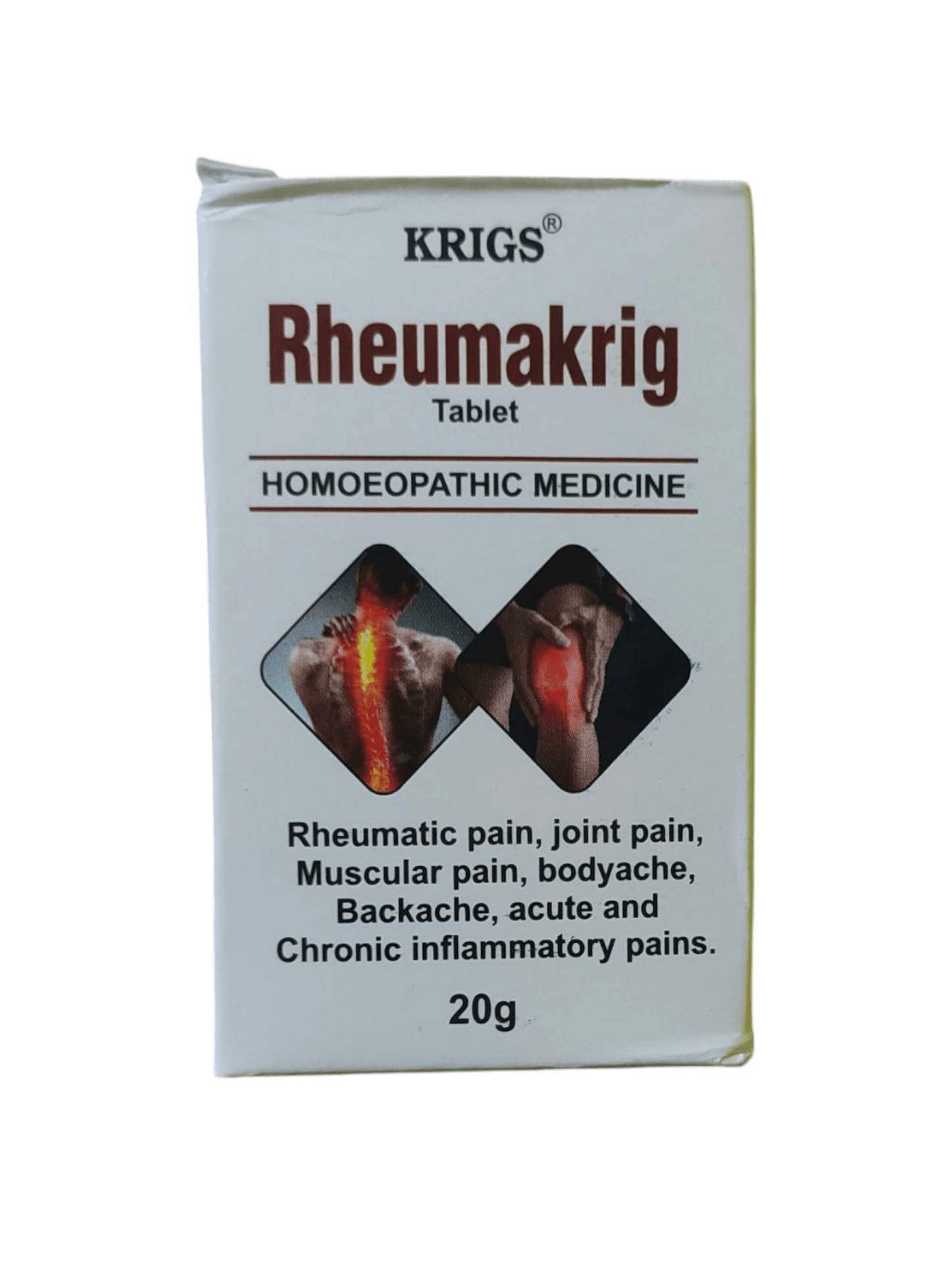 Box of Krigs Rheumakrig Tablet Homoeopathic Medicine on a white background
