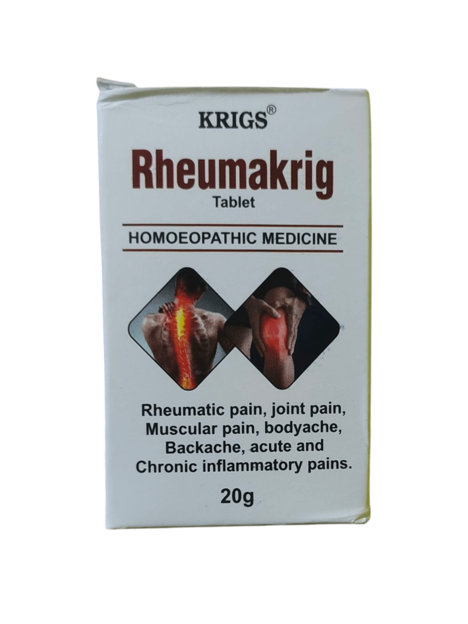 Box of Krigs Rheumakrig Tablet Homoeopathic Medicine on a white background