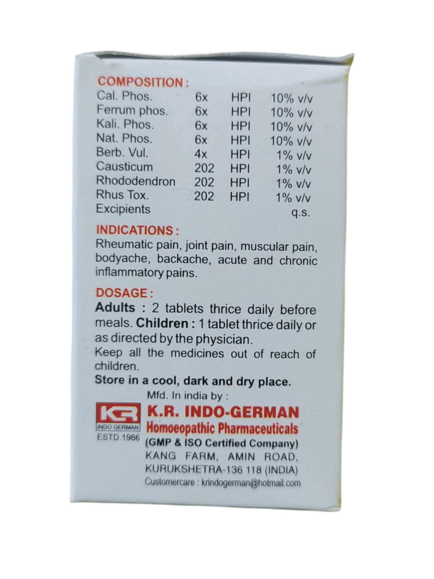 Box of K.R. Indo-German pharmaceuticals with medical information on a white background