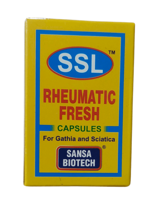 Yellow packaging of SSL Rheumatic Fresh Capsules with Sansa Biotech branding on a white background
