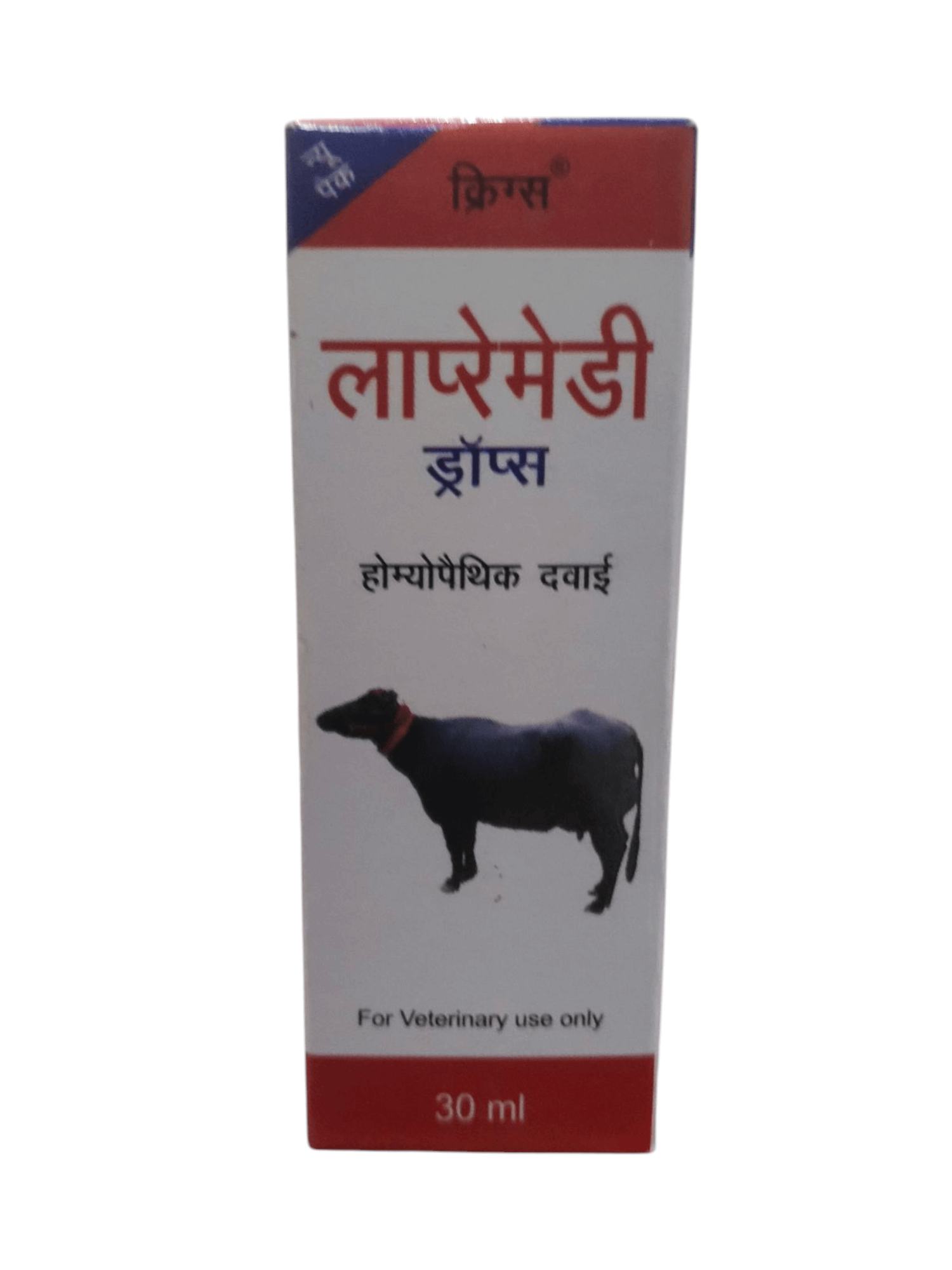 Box of veterinary medicine for animals with text and a cow illustration on a white background